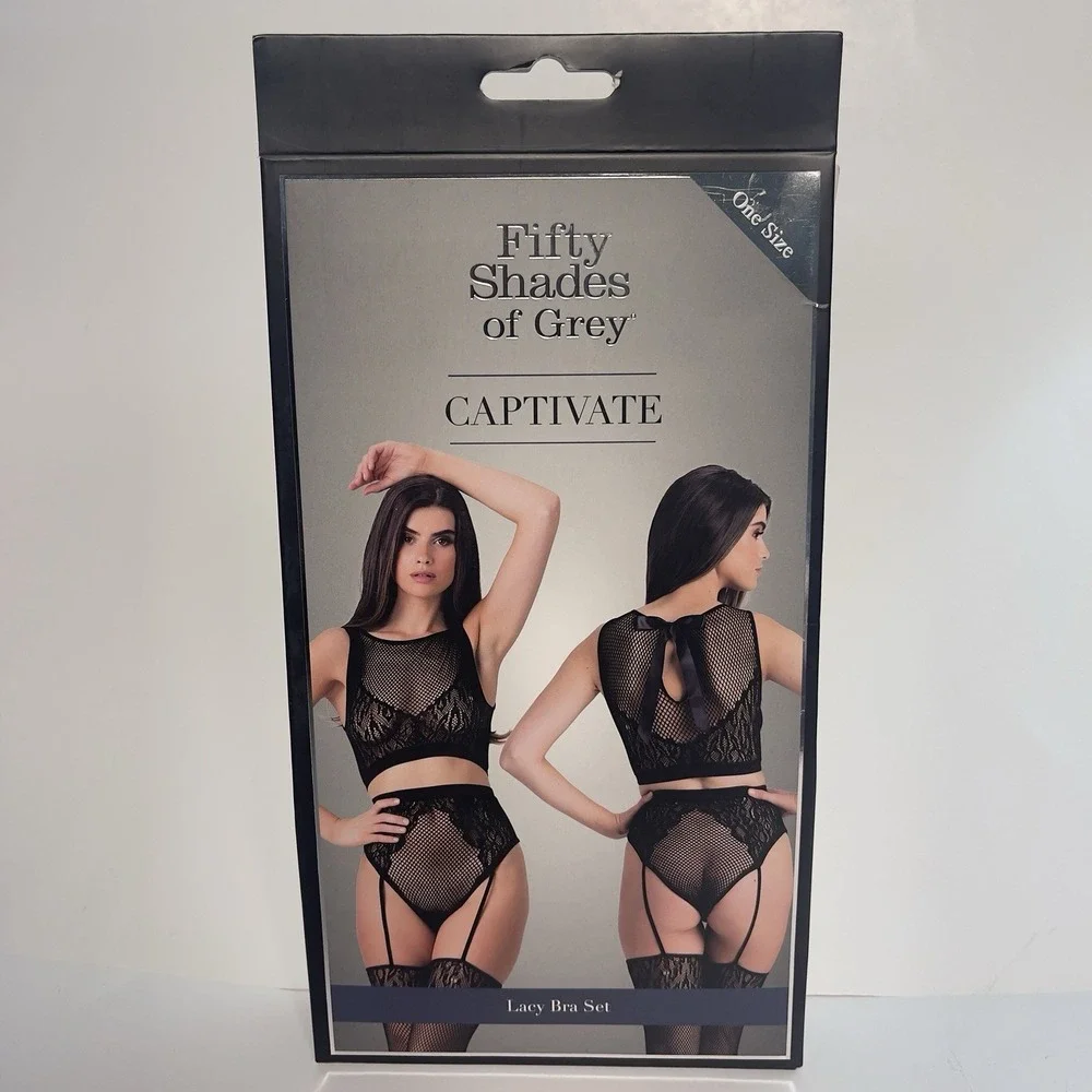 Women's Fifty Shades Of Grey Lacy Bra Set with Attached Thigh High Stockings New